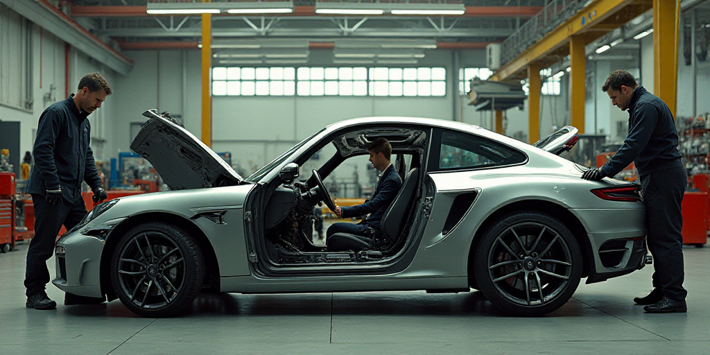 two men working on a car in a factory with a crane in the background and a car being worked on, Engu