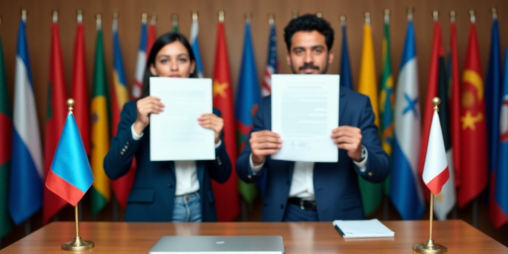 two people holding up papers in front of flags and a table with flags on it and a table with a lapto