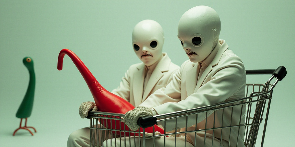 two people in white suits are in a grocery cart with a red object in front of them and a green objec