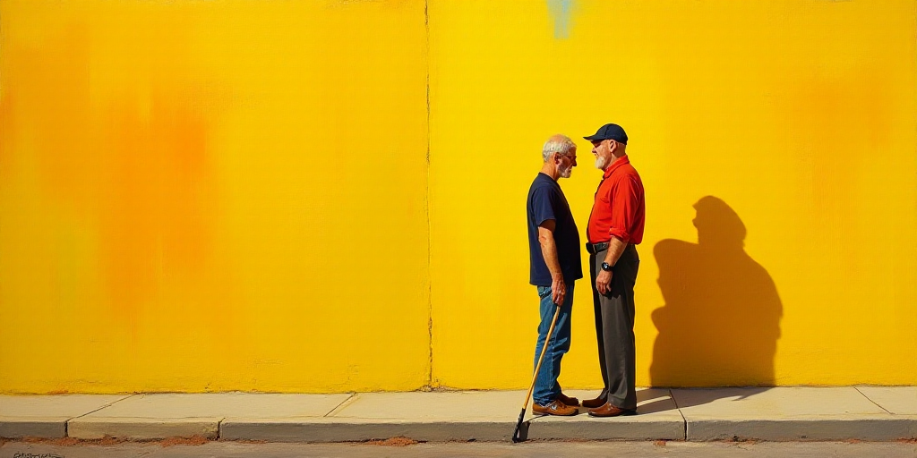 two people standing in front of a yellow background with orange and yellow colors on it, one of them