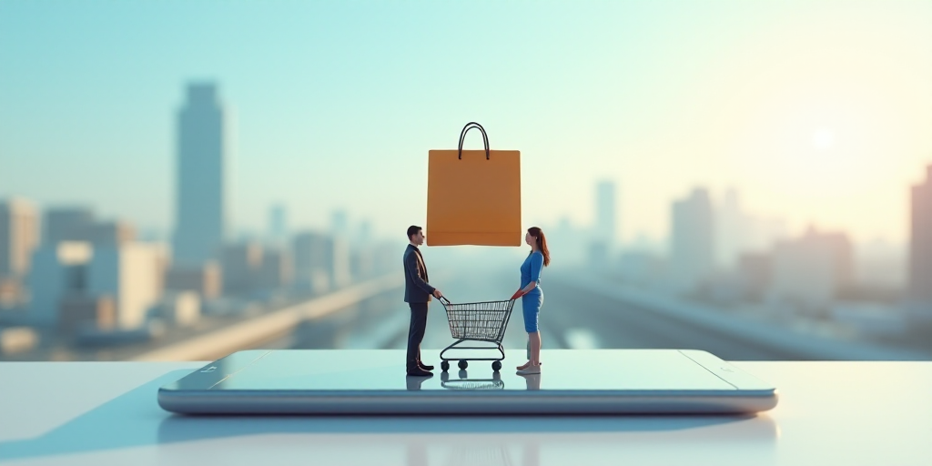 two people standing on a tablet with a shopping basket above them and a shopping bag above them, wit