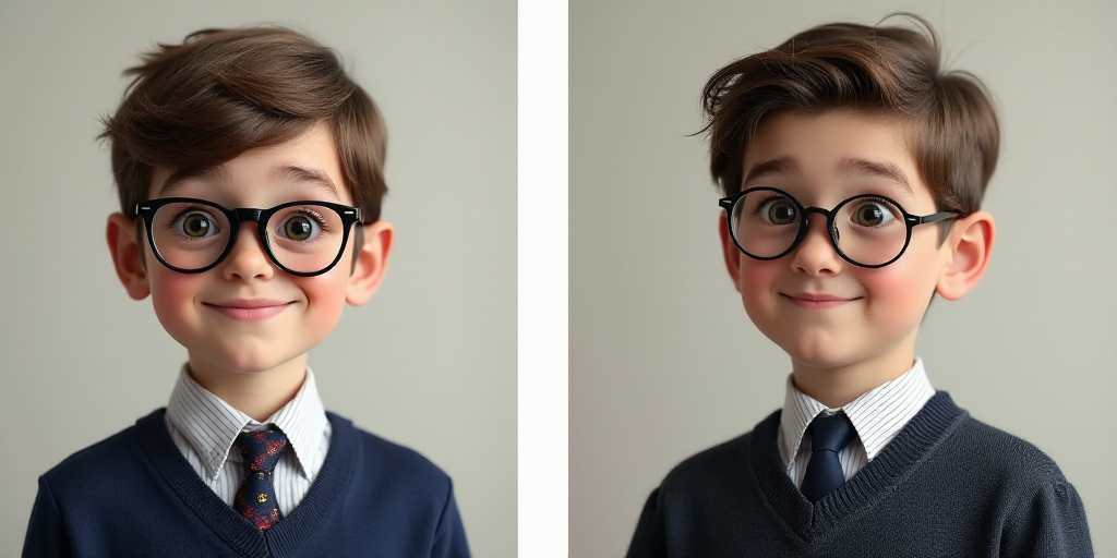 two pictures of a boy with glasses and a boy with glasses and a sweater and tie and a smiling boy wi
