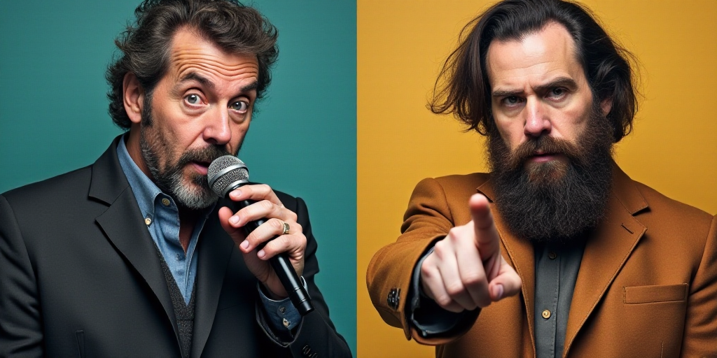 two pictures of a man with a microphone and a man with a beard pointing at the camera and the same p