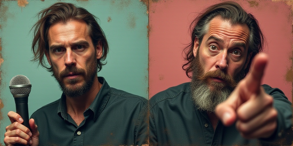two pictures of a man with a microphone and a man with a beard pointing at the camera and the same p