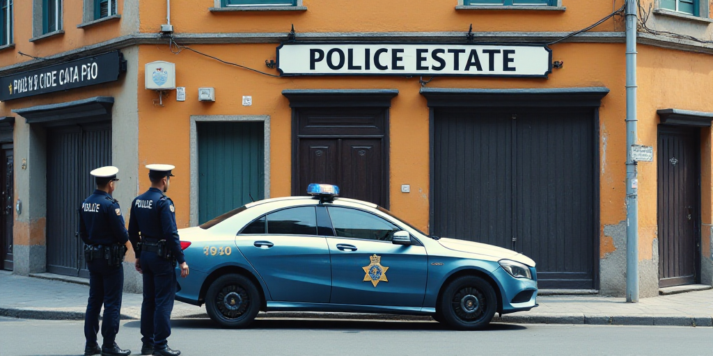 two police officers standing next to a police car on a street corner in front of a building with a s