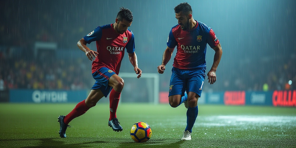 two soccer players are playing soccer in the rain on a field with a red and blue field cloth on, Cef