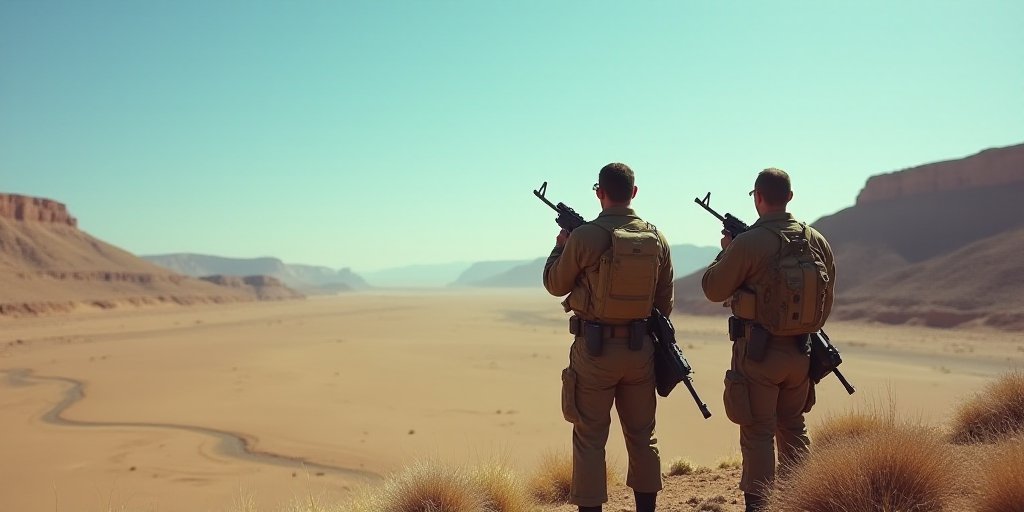 two soldiers with guns and a camera in their hands, looking out over a desert landscape, with a blue