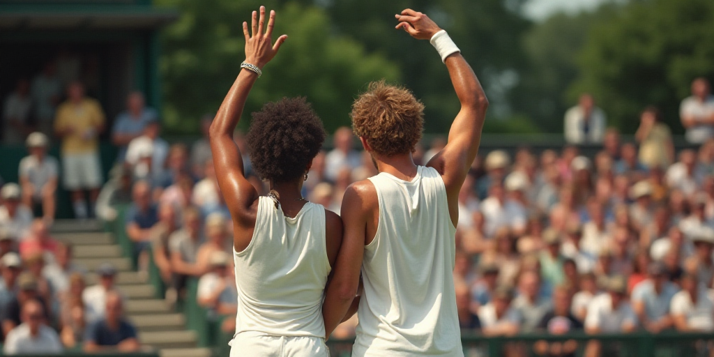 two tennis players are holding their hands up in celebration of a win on the court with a crowd in t