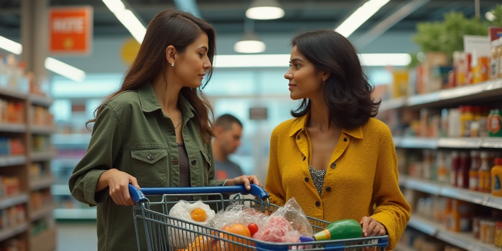 two women are shopping in a grocery store with a cart full of items in the background and signs in t