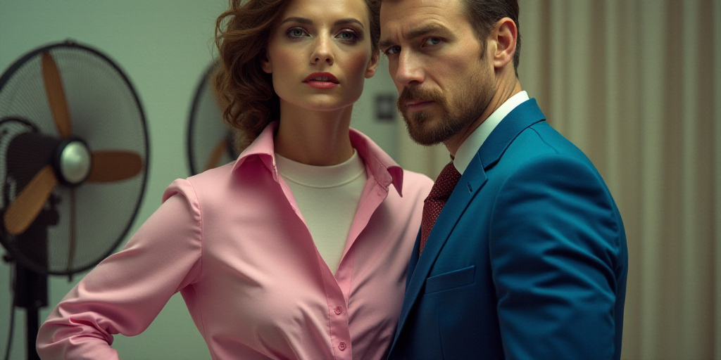 two women are standing in front of a fan and a picture of a woman in a pink shirt and a man in a blu
