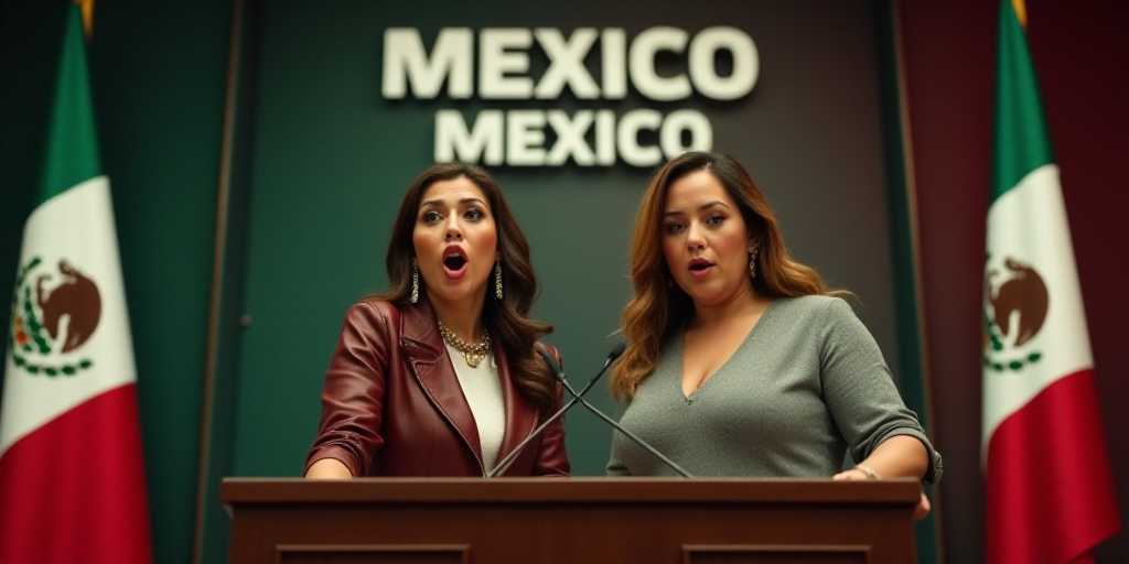 two women standing at a podium with flags behind them and a sign behind them that says mexico and me