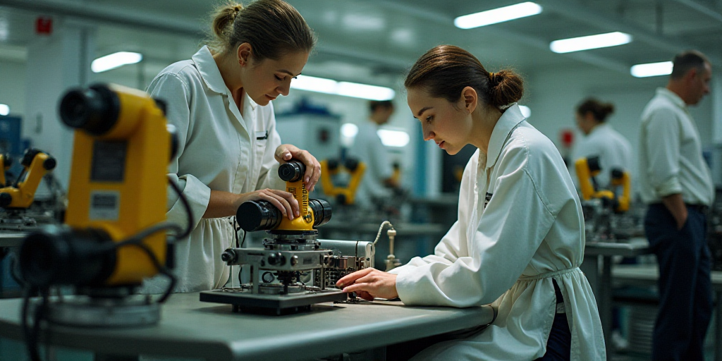 two women working on a machine in a factory with other people watching them from the sidelines of th