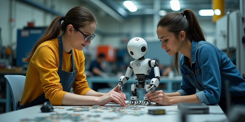 two women working on a project in a factory with equipment in the background and a camera in the for