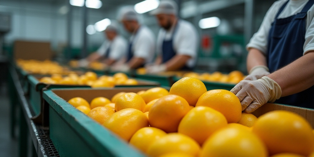 workers are sorting boxes of fruit in a factory with conveyor belts and conveyor belts in the backgr
