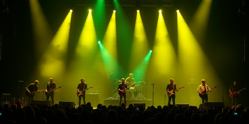 a band performing on stage with yellow lights on the stage and green and yellow lights on the stage