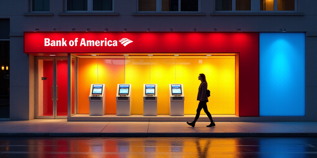 a bank of america store front with a woman walking by it and a red and yellow background with a red
