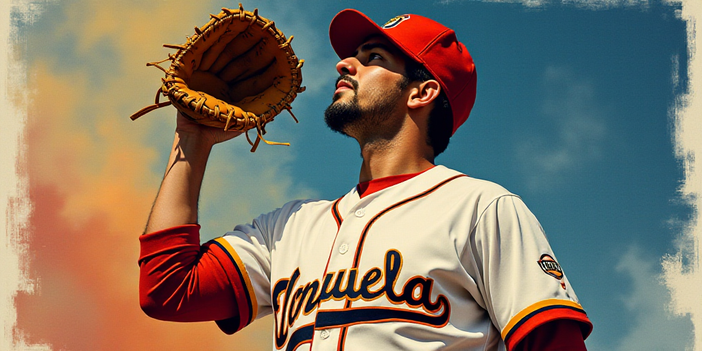 a baseball player holding a catchers mitt in his hands and wearing a jersey with the name venezuela,