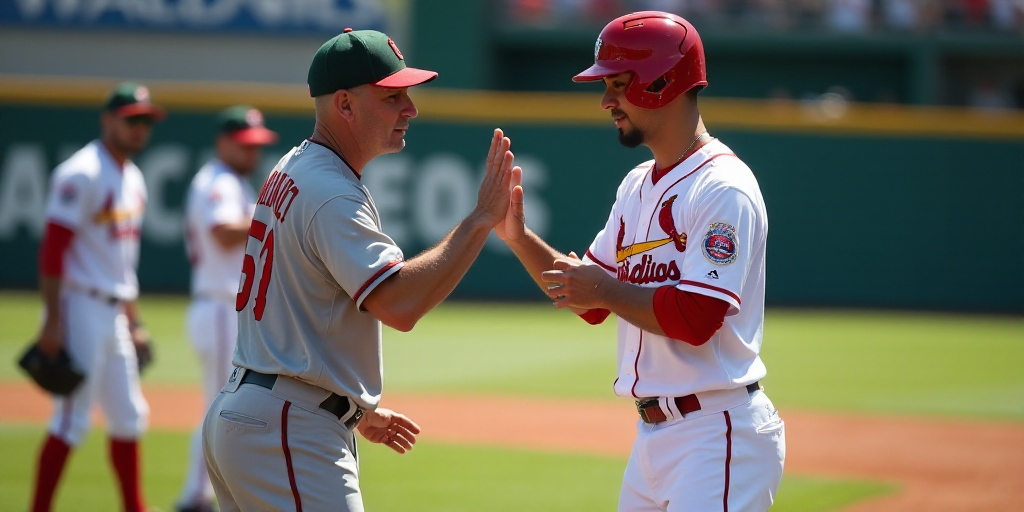 a baseball player is giving a high five to another player on the field while the other team is in th