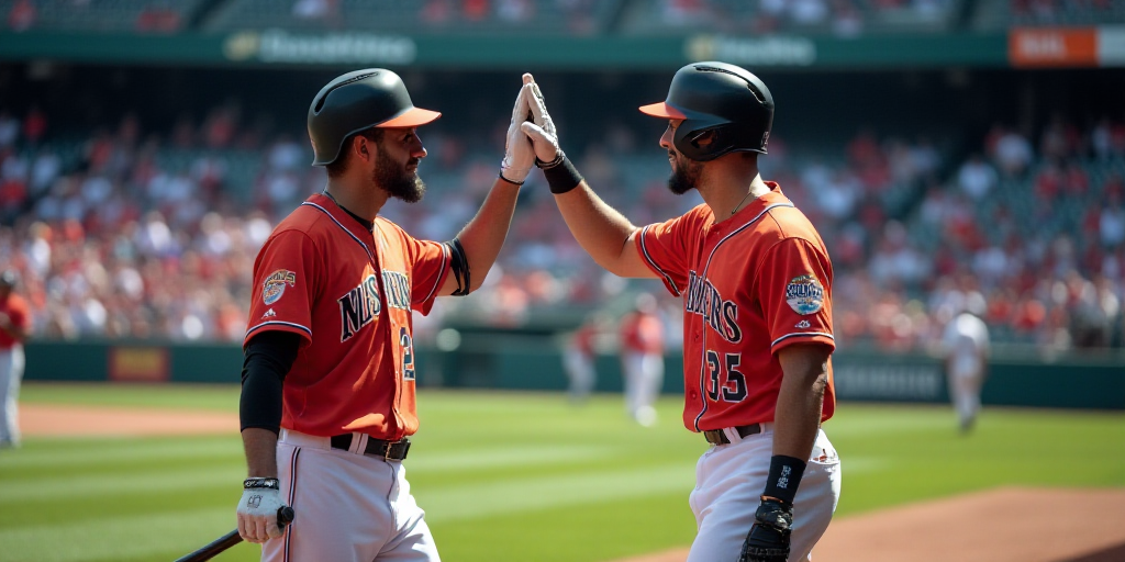 a baseball player is holding a bat and giving a high five to another player in a stadium with fans i
