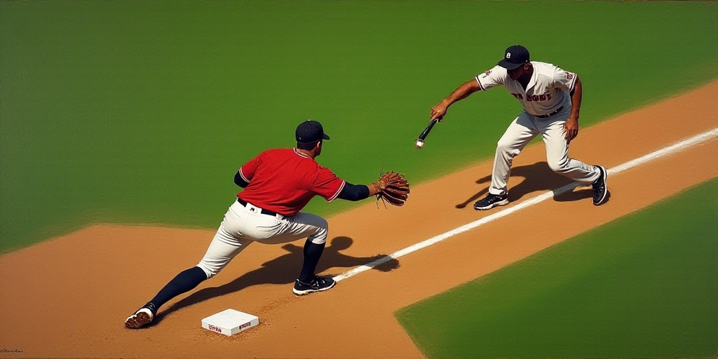 a baseball player sliding into a base while another player tries to tag him out with a baseball bat