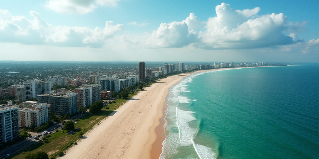 a beach with a bunch of buildings next to it and a body of water in the background with a few clouds