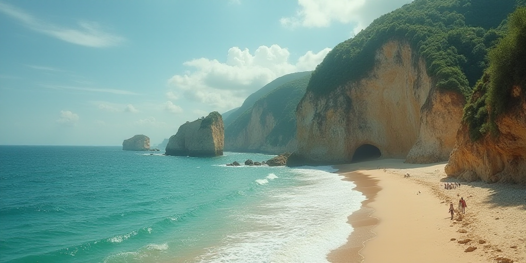 a beach with a cliff and a group of people standing on it next to the ocean and a cliff, Aquirax Uno
