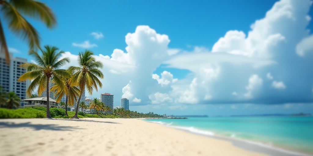 a beach with a few palm trees and a blue sky with clouds in the background and a few buildings on th