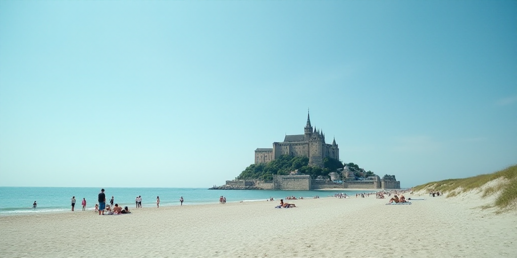 a beach with people walking around and a castle in the background with a blue sky and water in the f