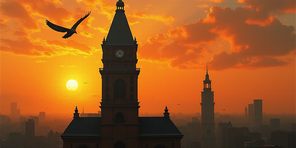a bird flying over a tall building with a clock tower in the background at sunset or dawn with a bir
