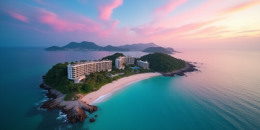a bird's eye view of a beach resort and resort in the ocean with a colorful sky in the background, C