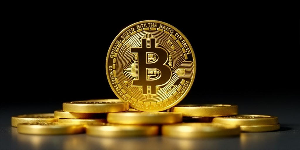 a bitcoin is sitting on top of a pile of gold coins in front of a black background, Andries Stock, g