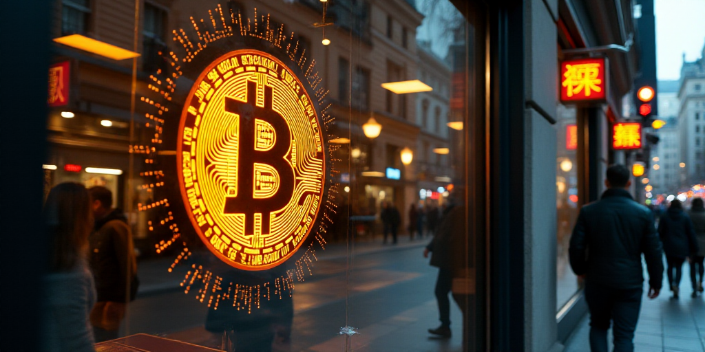 a bitcoin sign is displayed on a store window in a city street with people walking by and a person w