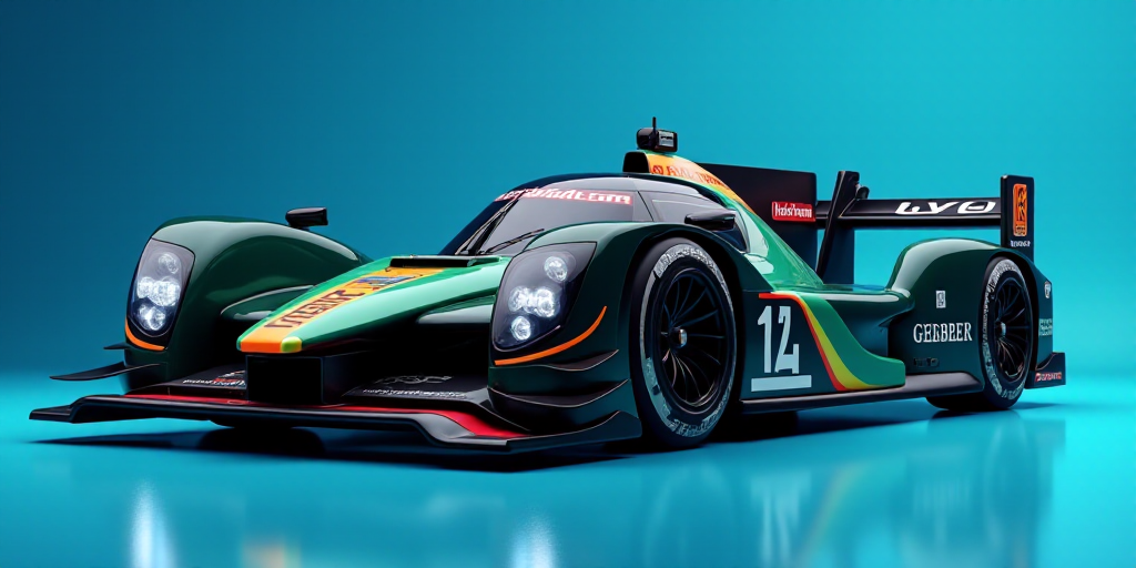 a black and green race car with a blue background and a red and green stripe on the side of it, Dieg