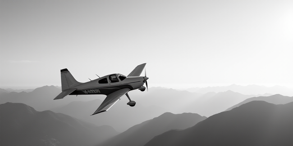 a black and white photo of a small plane flying in the sky with mountains in the background and a bl