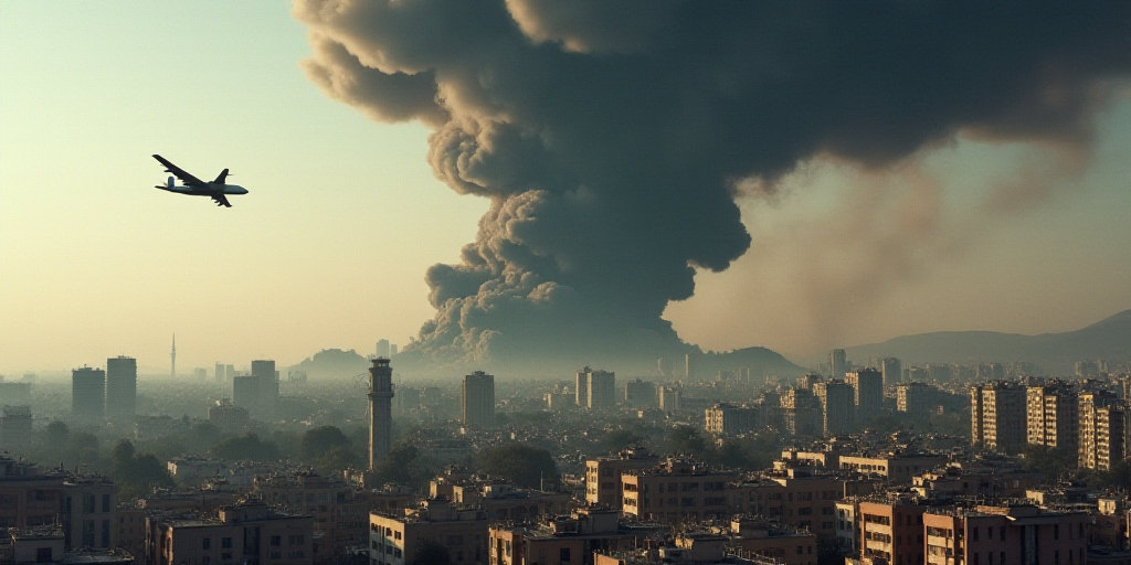 a black cloud of smoke rises above a city in the distance, with a plane in the foreground, Bouchta E