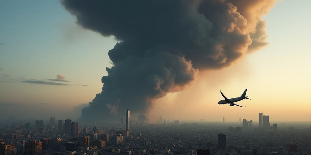a black cloud of smoke rises above a city in the distance, with a plane in the foreground, Bouchta E