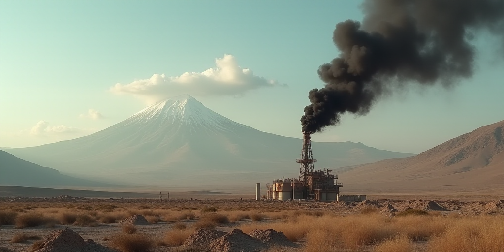 a black smoke billows from a building in the distance with a mountain in the background in the dista