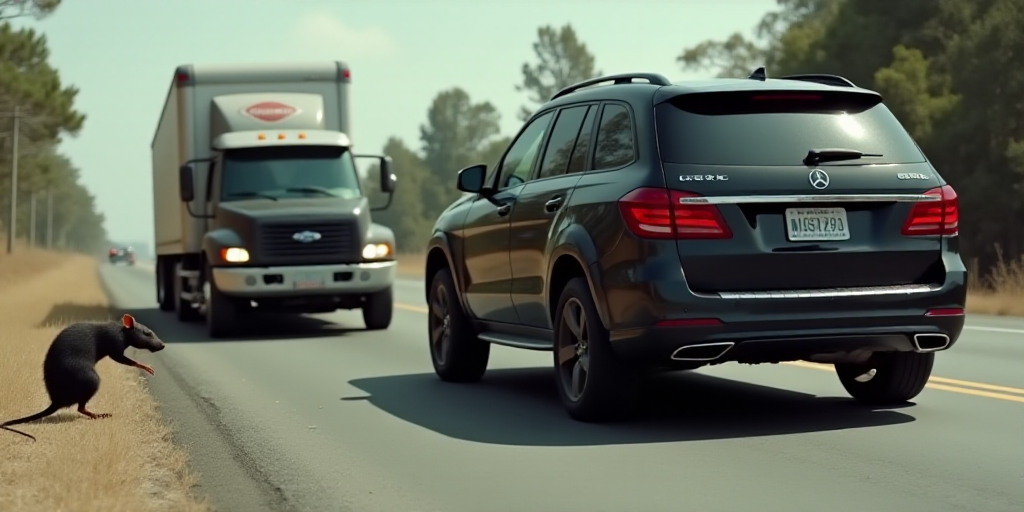 a black suv is being towed by a rat on the road with a car in the background and a truck in the fore