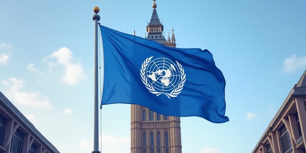a blue flag with the united nations emblem on it flying in front of a tall building with a clock tow