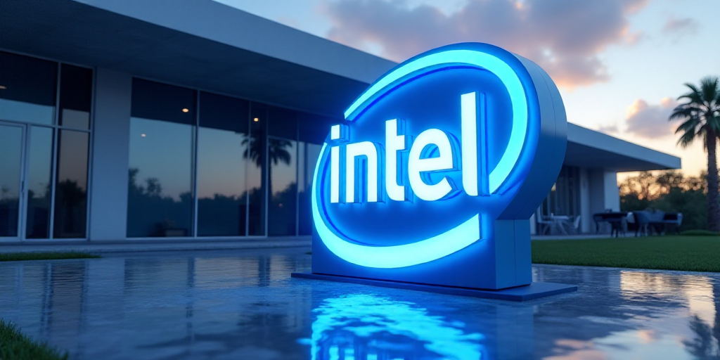 a blue sign that says intel in front of a building with a glass door and a palm tree in the backgrou
