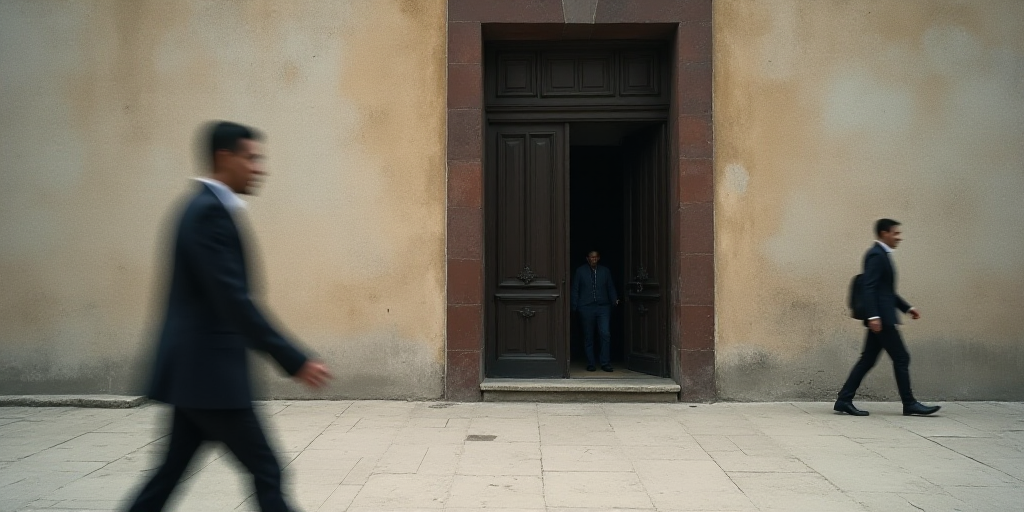 a blurry photo of a building with a person walking in front of it and a person walking out the front