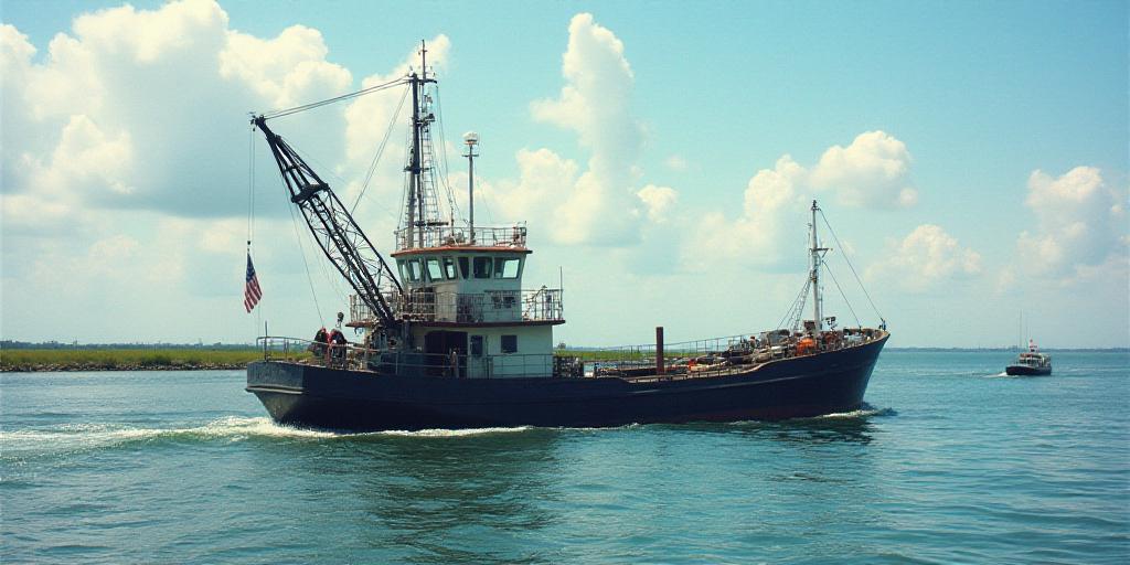 a boat is in the water with a crane on it's back end and a boat in the water with a boat in the back