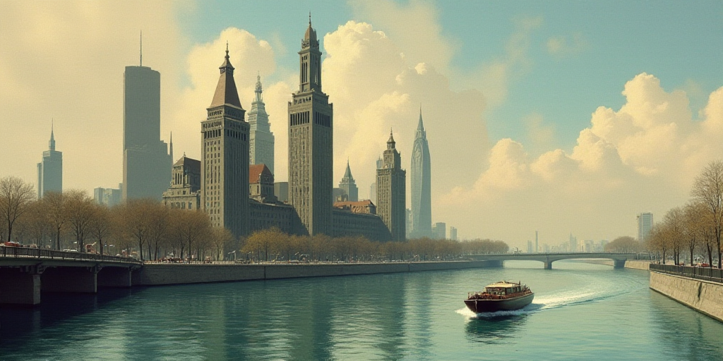 a boat is traveling down the river past a large building with towers on it's sides and a bridge in t