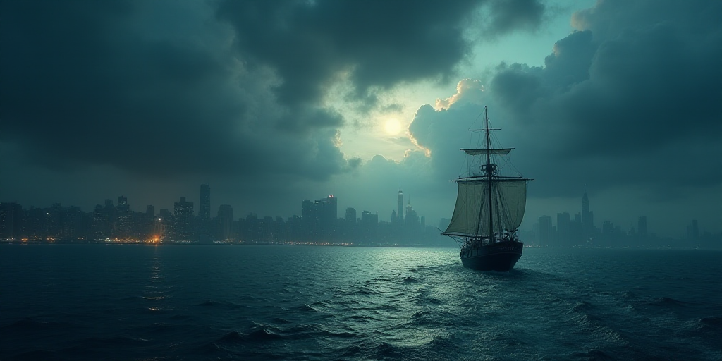 a boat traveling on a body of water near a city skyline at night time with a cloudy sky above, Franc