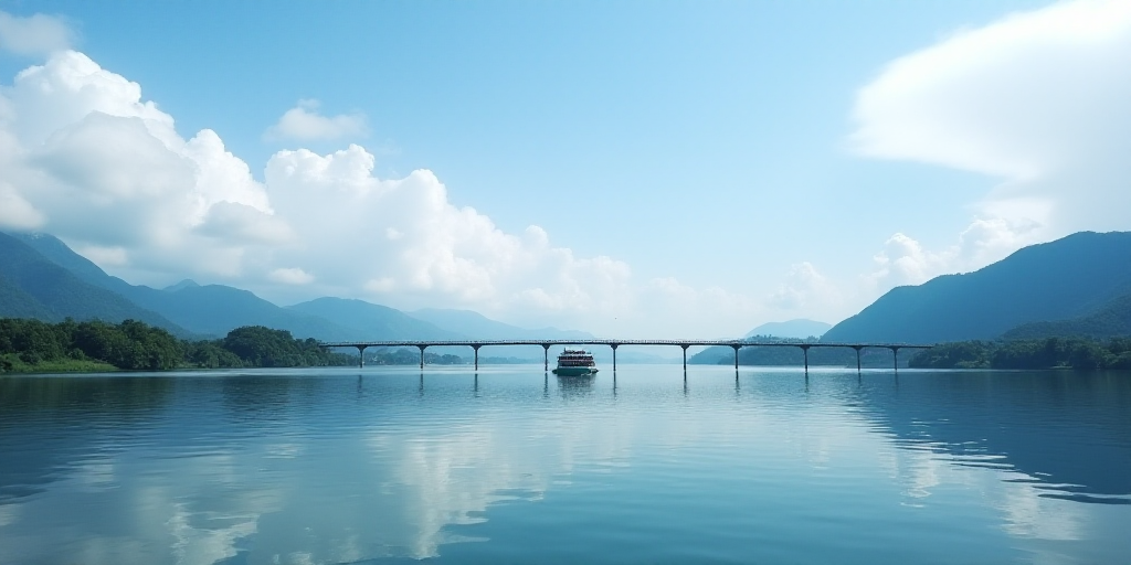 a body of water with a bridge and a boat in it and a sky background with clouds and mountains, Cui B