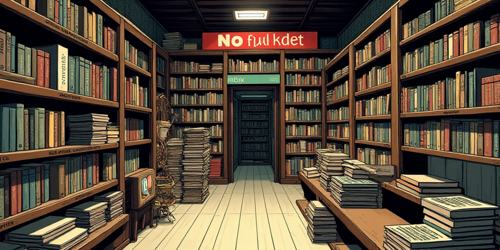 a book store with a large number of books on shelves and a sign that says no books on it, Art & Lang