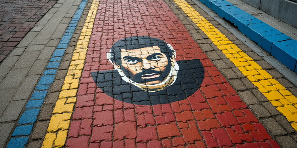 a brick walkway with a picture of a man on it and a yellow line in the background with a blue border