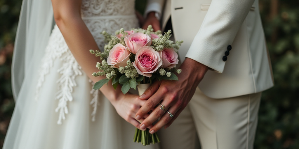 a bride and groom holding hands with a bouquet of flowers on their wedding day, while the bride wear