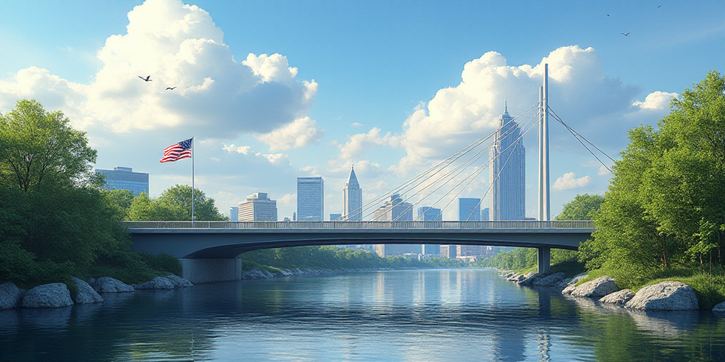 a bridge with a flag flying over it and a city in the background with a bridge going over it, Arling