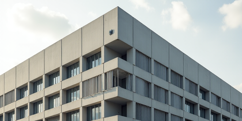 a building with a clock on the side of it's face and windows with blinds on each side, David Chipper